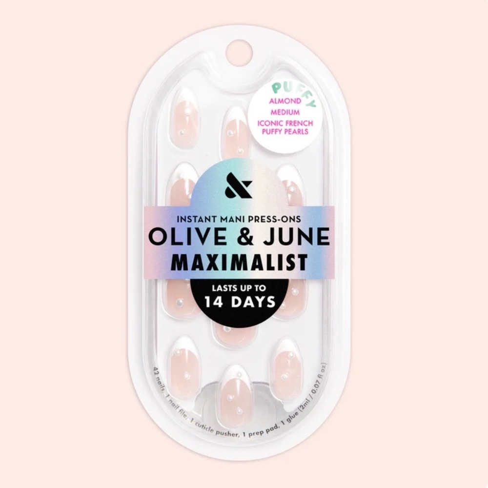 Olive & June Maximalist Press-On Nails Medium Almond Iconic French Puffy Pearls